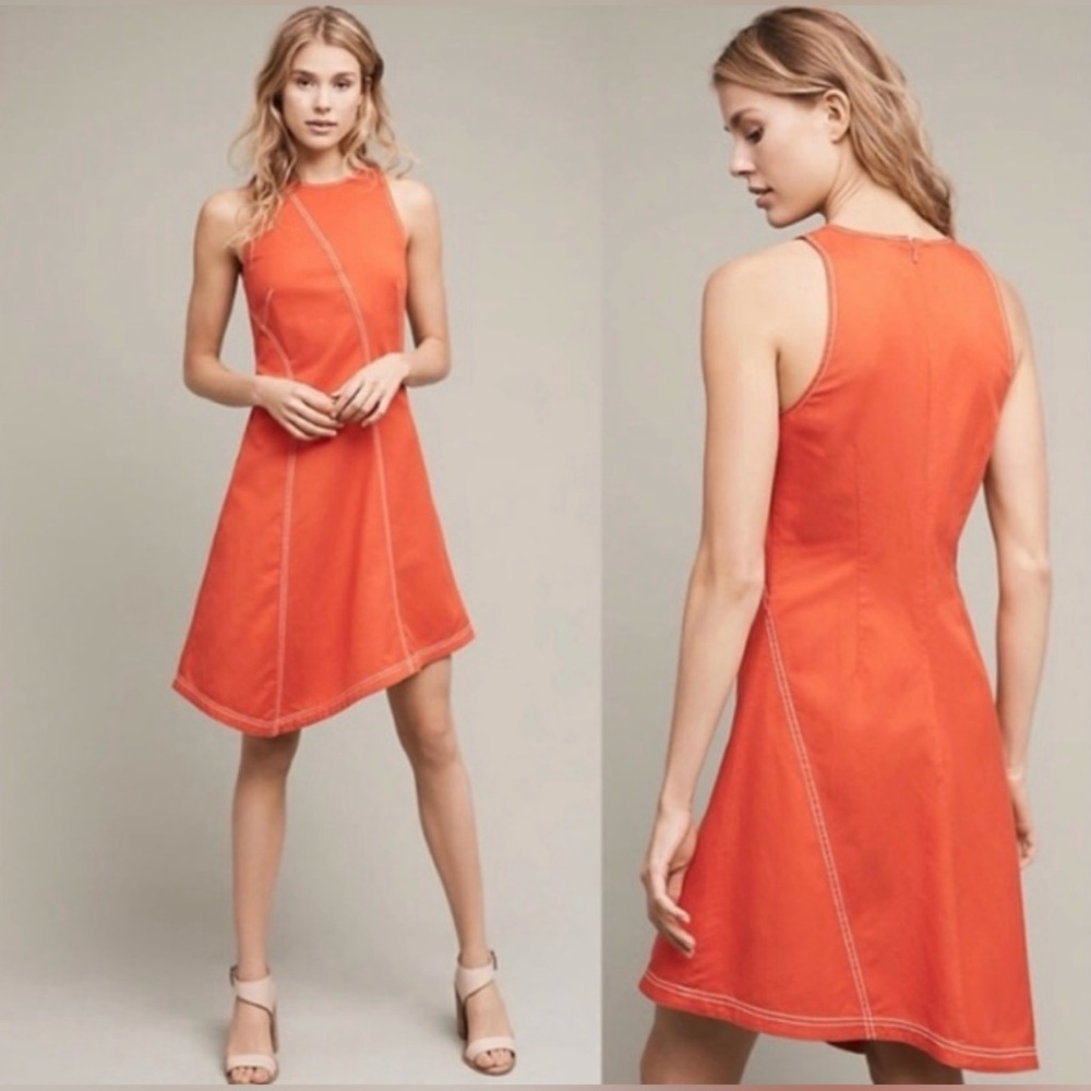 NWT Maeve Anthropologie Sleeveless Asymmetrical Shift Dress Orange Linen Blend - Picture 1 of 11